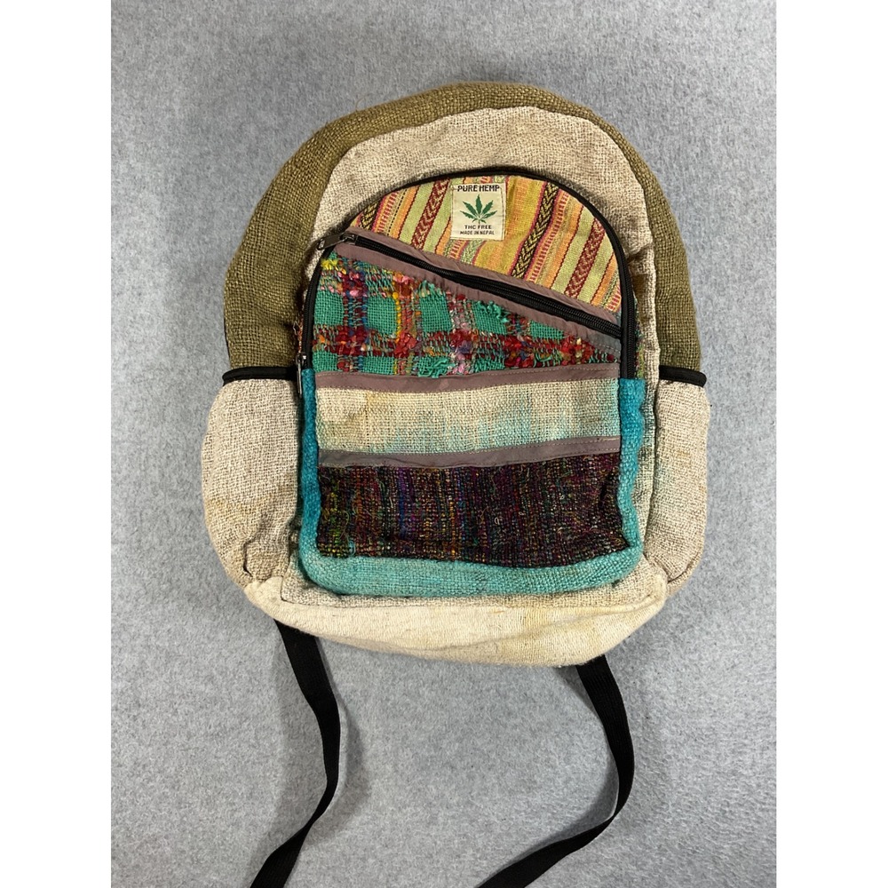 Pure Hemp Patchwork Backpack Made in Nepal Boho Hippie Multi Color Laptop Bag